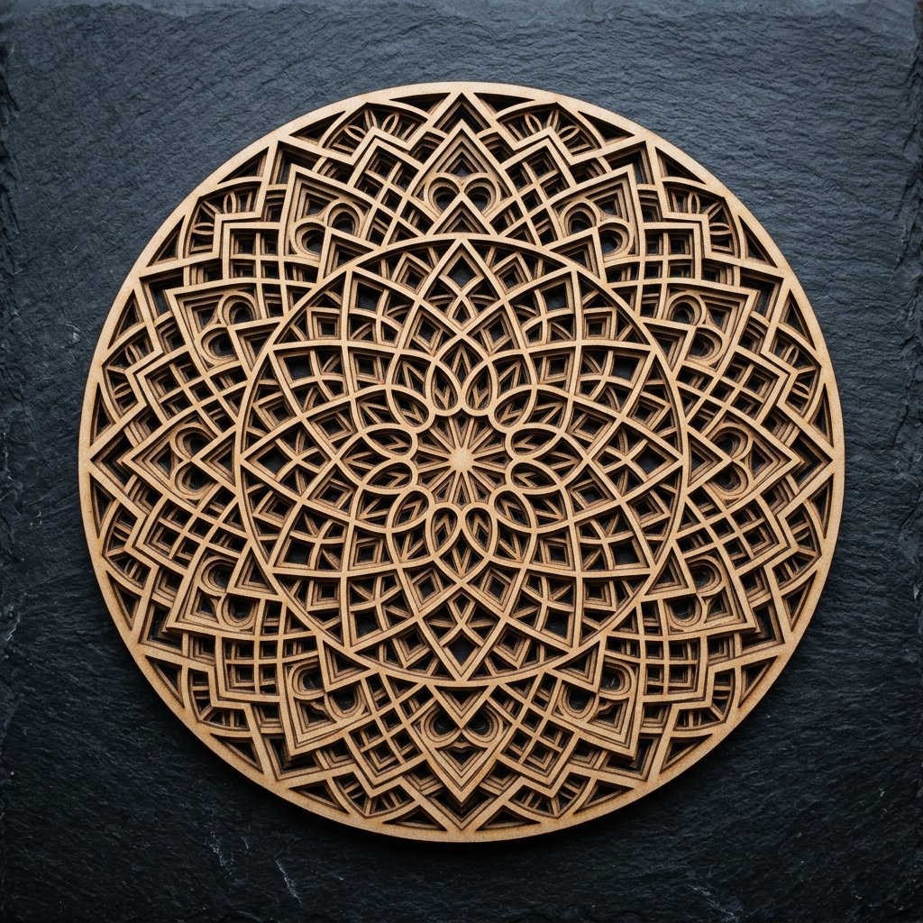 Mandala geométrica cortada a laser em MDF de alta precisão